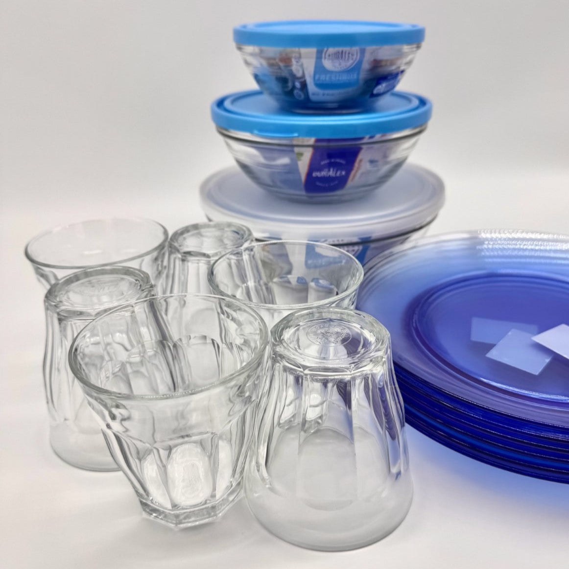 Kit étudiant classique Duralex contenant 6 verres Picardie transparents 50cl, 3 freshbox et 6 assiettes lys couleur marine