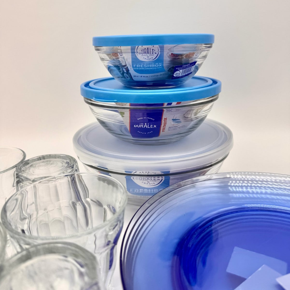 Kit étudiant classique Duralex contenant 6 verres Picardie transparents 50cl, 3 freshbox et 6 assiettes lys couleur marine