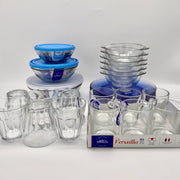 Kit étudiant premium Duralex contenant 6 verres Picardie transparents 50cl, 3 freshbox, 6 assiettes lys couleur marine, 6 bols à oreille transparents et 6 mugs versaille transparents