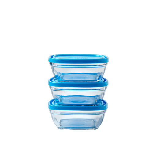 Freshbox - Set de 3 Boîtes de conservation carrées transparente avec Couvercle Bleu