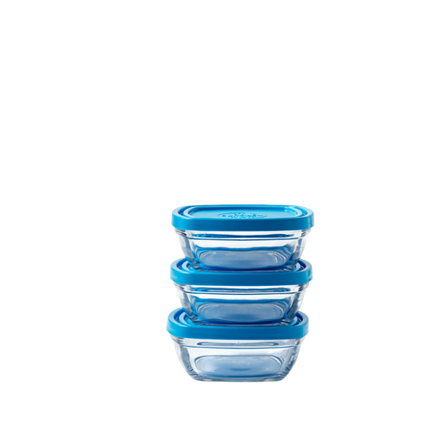Freshbox - Set de 3 Boîtes de conservation carrées transparente avec Couvercle Bleu