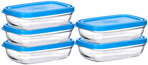 Freshbox - Lot de 5 Boites de conservation transparente rectangulaire 0,39L avec couvercle bleu